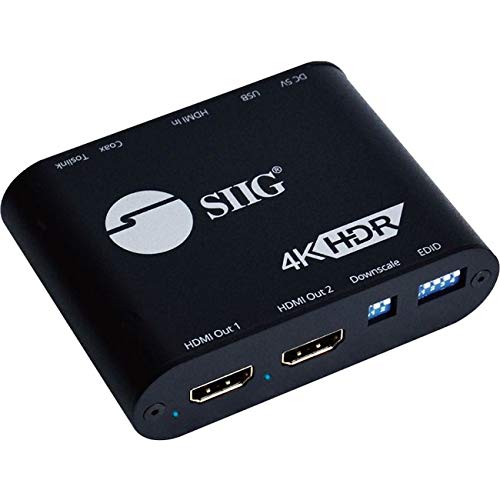 SIIG 1x2 HDMI 2.0 Splitter 4K 60Hz with Audio Extractor/Auto Scaling HDMI Splitter - HDMI 2.0a HDCP 2.2, 18Gbps, YUV 4:4:4, 3D, EDID, Dolby Digital - 1 in 2 Out (CE-H24X11-S1)