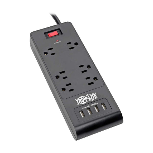 Y417U Tripp Lite 6 Outlet Surge Protector Power Strip with 4 USB Ports (4.2A Shared), 900 Joules, Black, 6 Ft. (TLP664USBB)