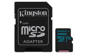 Kingston 128GB microSDXC Canvas Go 90R/45W U3 UHS-I V30 Card + SD Adptr