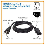 Tripp Lite P006-006 18AWG Power Cord NEMA 5-15P to IEC-320-C13, 6-Feet