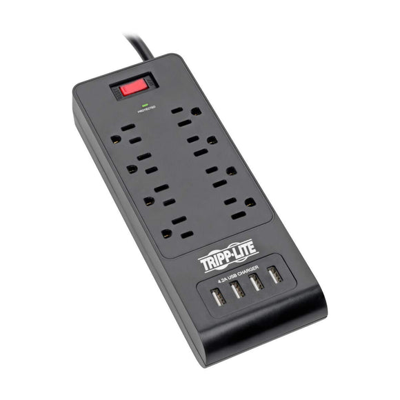 Y417U Tripp Lite 8 Outlet Surge Protector Power Strip with 4 USB Ports (4.2A Shared), 1800 Joules, Black, 6 Ft. (TLP864USBB)