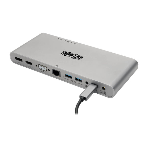 Tripp Lite USB C Docking Station with USB-A Hub, USB Type C, HDMI, VGA, DP, Gbe Gigabit Ethernet PD Charging 4K at 30Hz, Portable, Thunderbolt 3 Silver