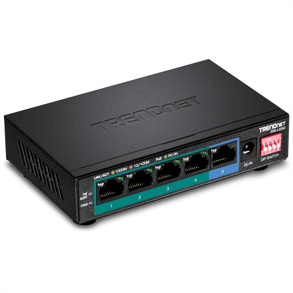 TRENDnet 5-Port Gigabit Long Range PoE+ Switch, TPE-LG50, 4 x PoE+ Ports, 1 x Gigabit Port, Camera DIP Switch extends PoE+ 200m (656 ft.), Lifetime Protection