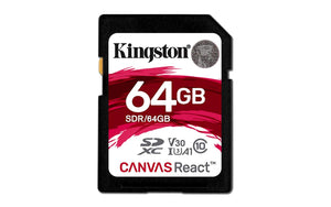 Kingston 64GB SDXC Canvas React 100R/80W CL10 UHS-I U3 V30 A1