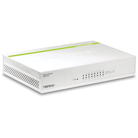 TRENDnet 16-Port Gigabit GREENnet Switch, Polycarbonate, QoS, 32 Gbps Switching Fabric, Fanless, Plug & Play, Half & Full Duplex, TEG-S16D