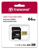 Transcend TS64GUSD500S 64GB UHS-I U3 MicroSD Memory Card with Adapter