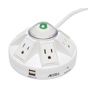 Accell D080B-014K Powramid -1080 Joules Surge Protector (6 Outlets, 2 USB 2.1A Charging Ports) 6 Foot Cord - White