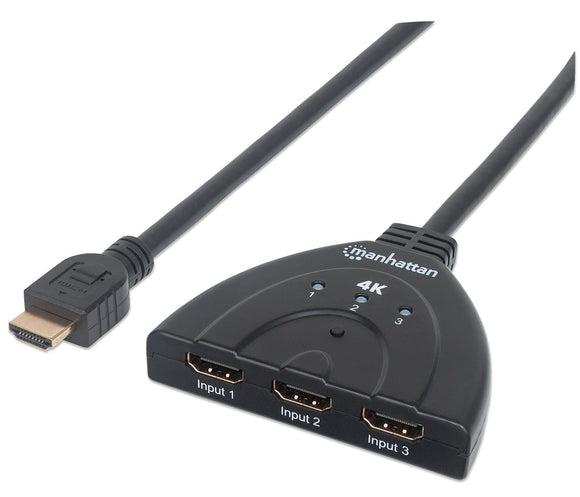 Manhattan Products 4K@60Hz 3-Port HDMI Switch, USB Powered, Integrated Cable, Easily Switch Between 2 HDMI Sources - Great for Game Systems - Automatic or Manual Switching - Black