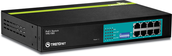 TRENDnet 8-Port 10/100Mbps GREENnet PoE+ Switch, TPE-T80