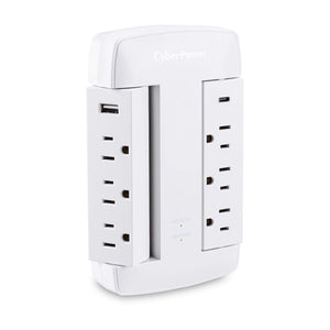 CyberPower CSP600WSURC5 Professional Surge Protector, 900J/125V, 6 Swivel Outlets, 1 USB-C Charge Port, 1 USB-A Charge Port, White Wall Tap