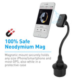 Macally Universal Magnetic Car Cup Holder Mount for iPhone Xs Max XR X 8 Plus 7 Plus 6S 6 Plus, Samsung Galaxy S9 S8 S7 Note & Most Cell Phones - Extra Long Neck & 2 Metal Sheets (MCUPMAG)