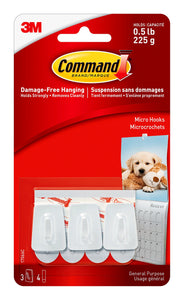 Command Micro Hooks, Small, White, 3 Hooks 4 Small Strips