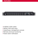 CyberPower PDU81001 Switched Metered-By-Outlet PDU, 100-120V/15A, 8 Outlets, 1U Rackmount