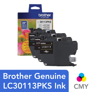 Brother Genuine LC30113PKS 3-Pack Standard Yield Color Ink Cartridges, Page Yield Up to 200 Pages/Cartridge Includes Cyan, Magenta and Yellow, LC3011