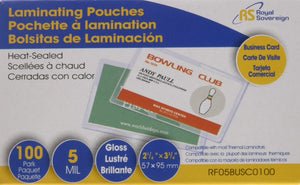 Royal Sovereign Business Card Sized,  2 ¼ " x 3 ¾ " Thermal Laminating Pouches, 5 Mil. Thick, 100 Pack (RF05BUSC0100)