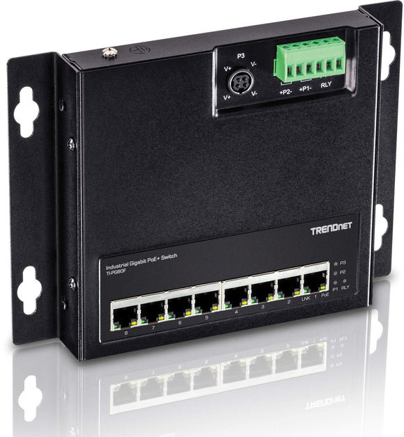 TRENDnet 8-Port Industrial Gigabit Poe+ Wall-Mounted Front Access Switch, 8X Gigabit Poe+ Ports, DIN-Rail Mount, 48 -57V DC Power Input, IP30, 200W Poe Budget,Lifetime Protection, TI-PG80F