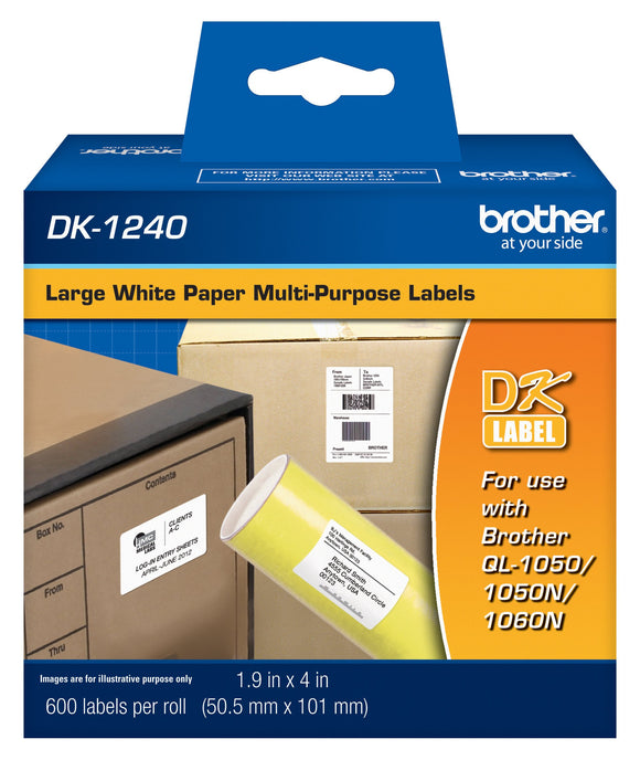 Brother 1.9 x 4 Inch Die Cut White Paper Labels 600 Count (DK1240) - Retail Packaging