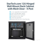 StarTech.com 12U Wall Mount Server Rack Cabinet - 4-Post Adjustable Depth (2" to 16") Network Equipment Enclosure w/ Cable Management (RK12WALHM)